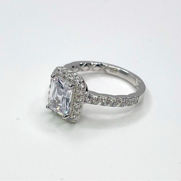 NEW STERLING SILVER | Emerald Cut Halo Engagement Ring - Picture 2 of 7